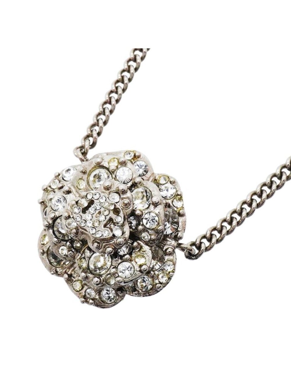 Chanel Necklace CC Logo Camellia Metal Rhinestone Silver
